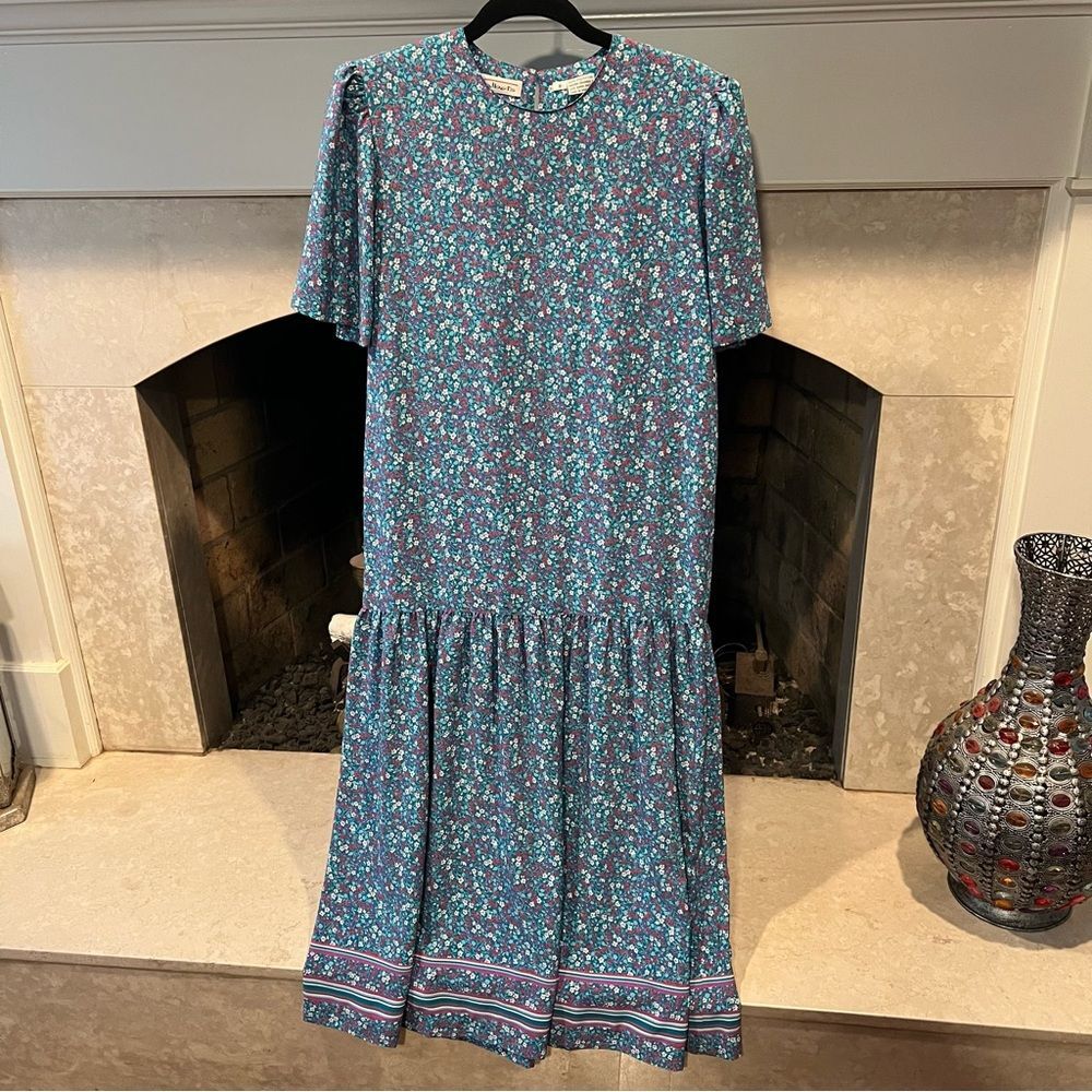 Talbots Blue Floral Maxi Dress with Crew Neck and Short Sleeves size 8